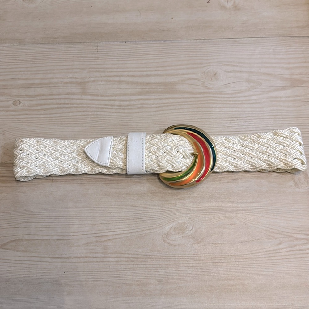 I.B. Diffusion Off-White Woven Belt by Linda Waldorf with Gold Colorful Buckle